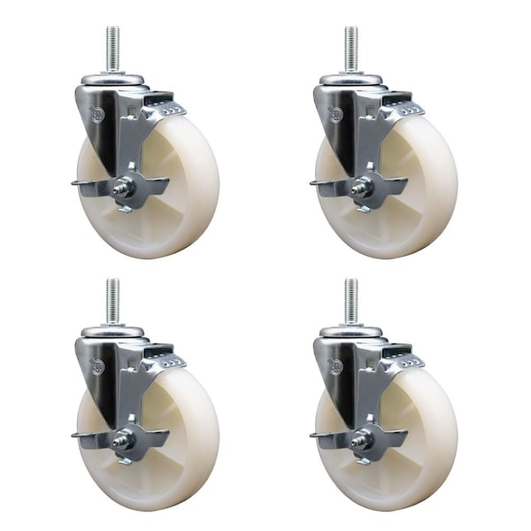 5 Inch Nylon Wheel Swivel 34 Inch Threaded Stem Caster Set with Brake SCC